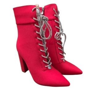 Azela Wang Revolver Chunky Heel Boot In Red NIB Size 7